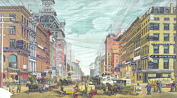 An illustration of Broadway in New York City circa 1885 showing the already abundant power lines running overhead with horses and wagons in the street.