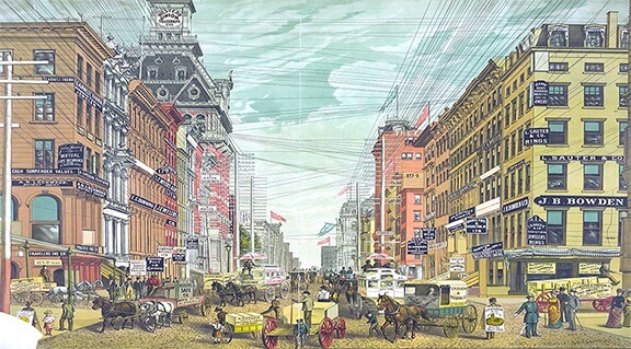Eine Ansichtskarte von 1885, die eine belebten Straße in New York zeigt