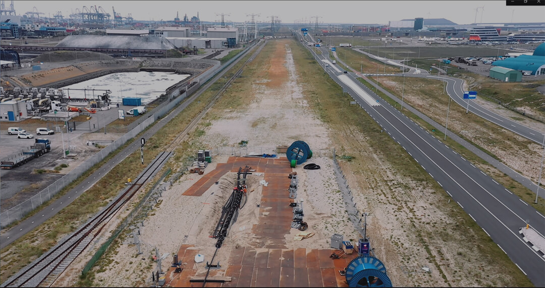 an aerial view of a long cable pull