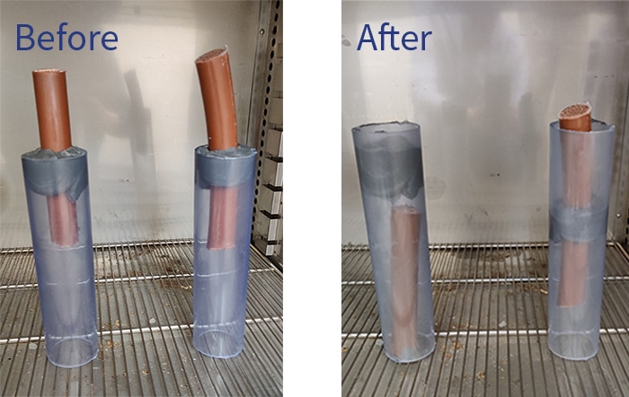 The before and after images of the duct putty after the 100°C test