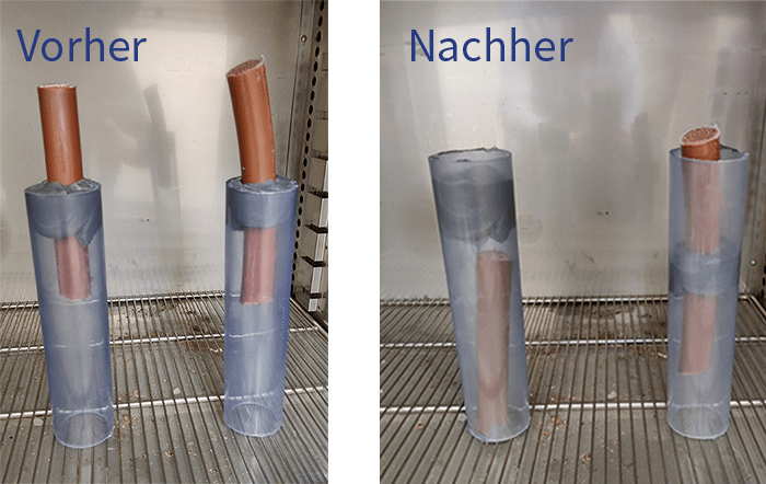 Die Vorher- und Nachher-Bilder der Rohrspachtelmasse nach dem 100-°C-Test
