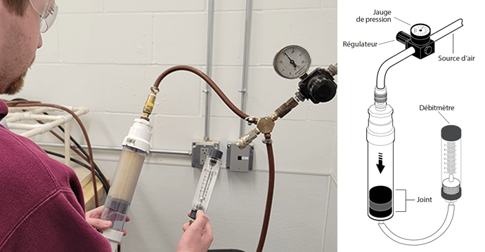 Un scientifique étudie son test de pression d'un joint de mastic de conduit