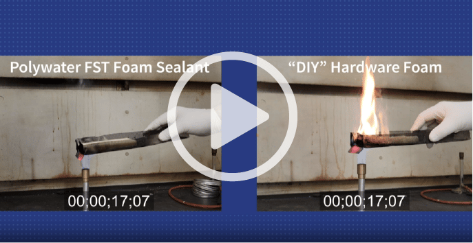 Two side by side images. On the left is a block of FST foam held over a bunson burner flame. On the right is a block of DIY foam over a bunson burner flame and with a large flame rising from the block itself. A play button is overlayed the images.