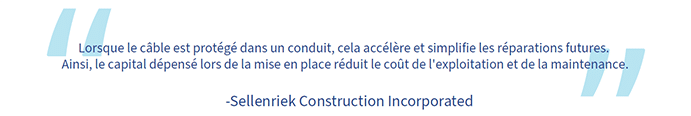 Une citation de Sellenriek Construction Incorporated : « Lorsque le câble est protégé dans un conduit, cela accélère et simplifie les réparations futures. Ainsi, le capital dépensé lors de la mise en place réduit le coût de l'exploitation et de la maintenance ».