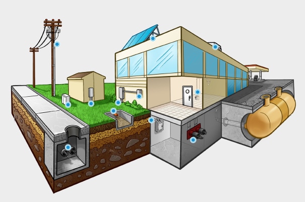 Illustration of a building and all of its entrances for electricity to enter the building.