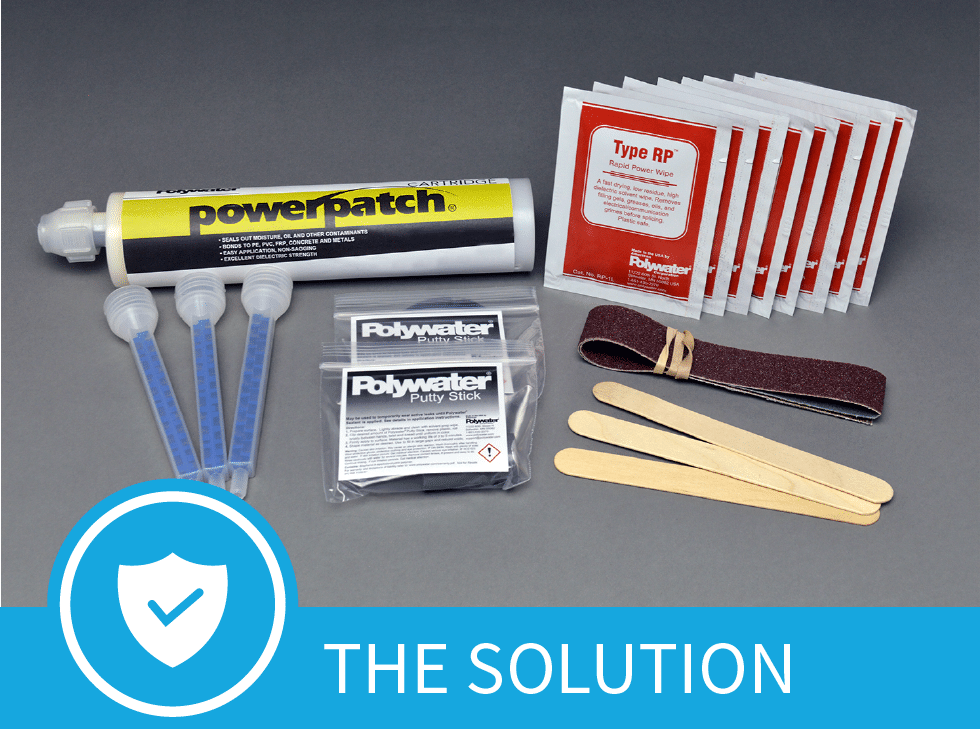 All the components of a Polywater PowerPatch repair kit with a blue banner across the bottom of the image that says 