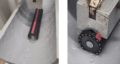 Two images of a section of black and red electrical cable on a halved section of grey conduit covered in clear lubricant.