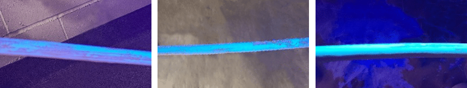 3 Bilder zeigen eine leuchtend blaue Substanz, die ein schwarzes Elektrokabel beschichtet.