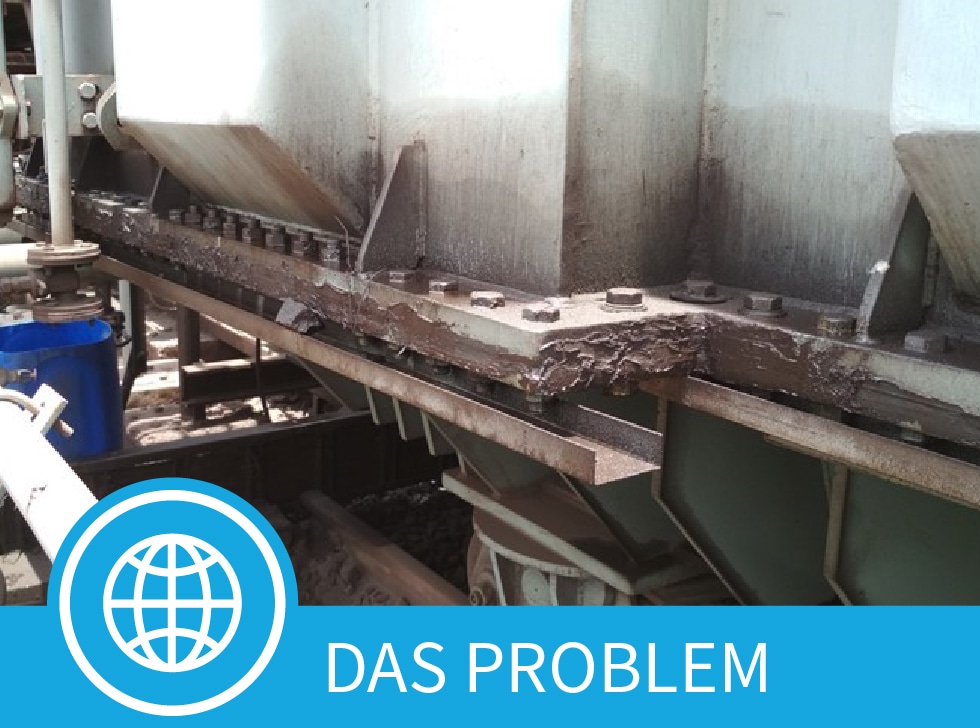 Ein alter, grauer, elektrischer Transformator, der Anzeichen von Alterung und Rost aufweist, mit einem blauen Banner am unteren Bildrand mit der Aufschrift „Das Problem“.