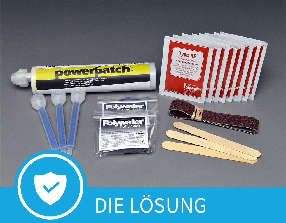 Alle Komponenten eines Polywater PowerPatch Reparatursets mit einem blauen Banner am unteren Bildrand mit der Aufschrift „Die Lösung“.