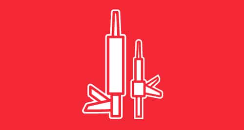 A white graphic illustration of a long skinny cartridge in a dispensing gun. A second, smaller cartridge is next to it. The image has an red background.