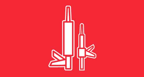 A white graphic illustration of a long skinny cartridge in a dispensing gun. A second, smaller cartridge is next to it. The image has an red background. 