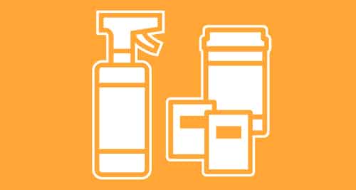 A graphic illustration of a white spray bottle and a small bottle with two towelette packages. The image has an orange background.