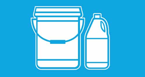 A graphic illustration of a white pail with a handle and a white jug next to it. The image has an light blue background.