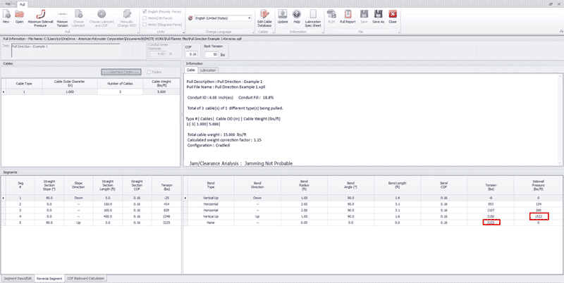 A screenshot of the Polywater Pull-Planner software as it calculates a pull. A red box is shown around the number 3225 in the "tension" section, and 1522 in the sidewall pressure section.
