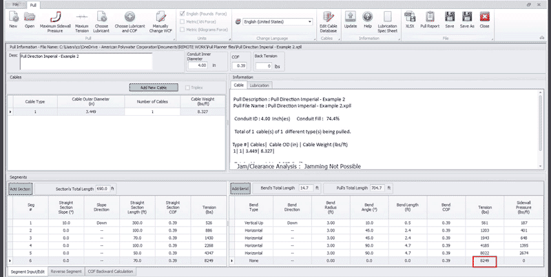 A screenshot of the Polywater Pull-Planner software as it calculates a pull. A red box is shown around the number 8249 in the "tension" section.