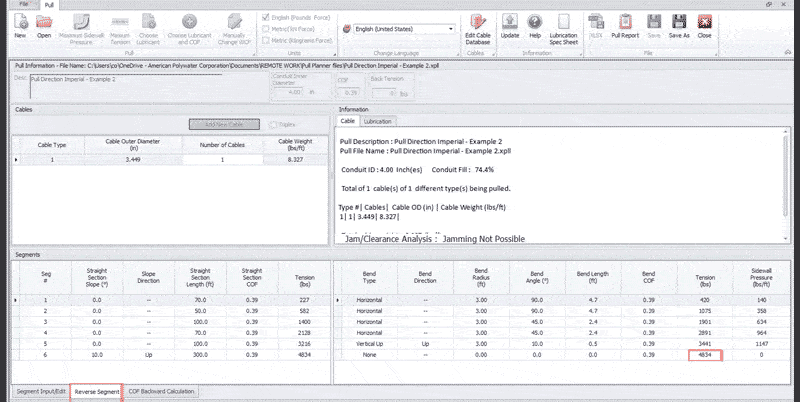 A screenshot of the Polywater Pull-Planner software as it calculates a pull. A red box is shown around the number 4834 in the "tension" section.
