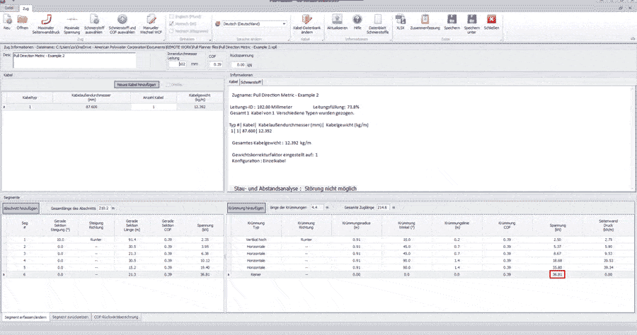 Ein Screenshot der Polywater Pull-Planner-Software bei der Berechnung eines Einzugs. Im Abschnitt „Spannung“ wird um die Zahl 8249 ein rotes Kästchen angezeigt.
