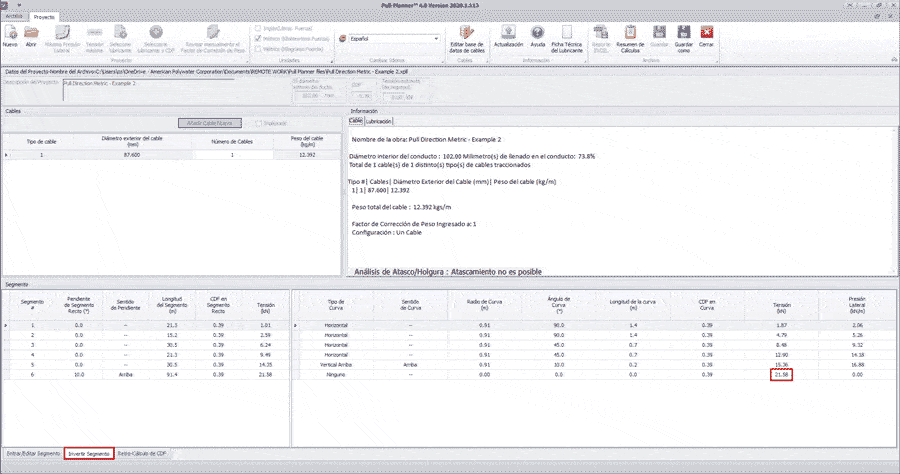 Una captura de pantalla del software Polywater Pull-Planner mientras calcula una instalación. Se muestra un cuadro rojo alrededor del número 4834 en la sección "tensión".