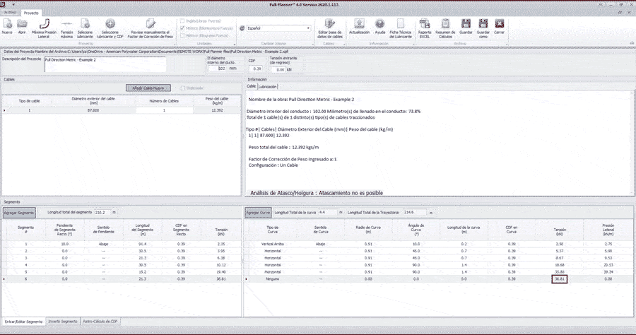 Una captura de pantalla del software Polywater Pull-Planner mientras calcula una instalación. Se muestra un cuadro rojo alrededor del número 8249 en la sección "tensión".