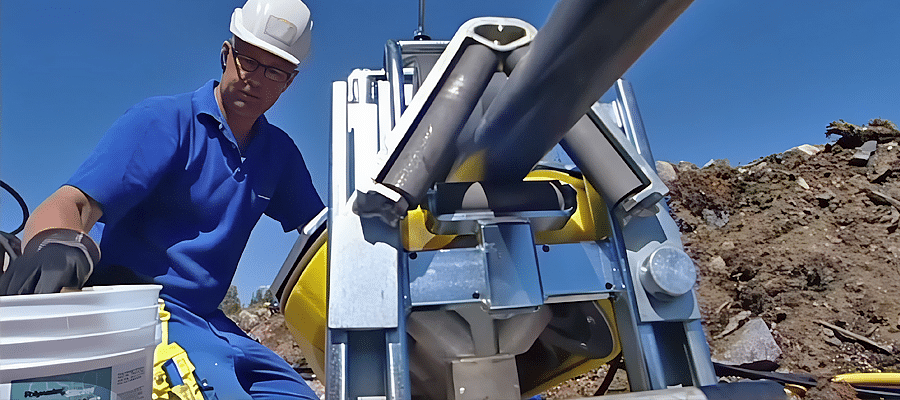 Construction worker in a blue shirt and white hard-hat lubricates cable during innovative underground cable installation technique.