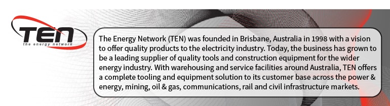 Un logotipo de texto negro que dice "Ten: The Energy Network" con remolinos rojos rodeando el texto. A la derecha, un cuadro de texto dice: "The Energy Network (TEN) se fundó en Brisbane, Australia, en 1998, con la visión de ofrecer productos de calidad a la industria eléctrica. Hoy en día, la empresa ha crecido hasta convertirse en un proveedor líder de herramientas de calidad y equipos de construcción para la industria energética en general. Con instalaciones de almacenamiento y servicios en toda Australia, TEN ofrece una solución completa de herramientas y equipos a su base de clientes en los mercados de electricidad y energía, minería, petróleo y gas, comunicaciones, ferrocarriles e infraestructura civil.