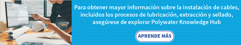 Una imagen de pancarta de longitud completa con un fondo azul claro y puntos tenues. La pancarta tiene una imagen a la izquierda que muestra dos personas mirando a la pantalla de una computadora mientras un casco blanco y algunos planos enrollados reposan sobre el escritorio. A la derecha está el texto que dice: "Para más recursos en la instalación de cables, incluidos los procesos de lubricación, tirado y sellado, asegúrese de explorar el Centro de Conocimiento de Polywater". Un botón debajo de ese texto dice: "Más detalles".