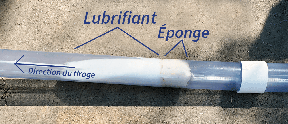 Un conduit en plastique transparent est posé sur une dalle de béton. À l'intérieur du conduit se trouve un amas de lubrifiant liquide blanc auquel une éponge est attachée par une corde aux deux extrémités. Lorsqu'elle est tirée à travers le conduit, l'éponge répand le lubrifiant uniformément autour du conduit. Le texte sur l'image indique « Lubrifiant », « Éponge », et une flèche avec les mots « Direction de tirage », indiquant la direction dans laquelle l'éponge est tirée.