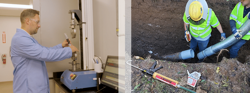 La imagen de la izquierda muestra a un científico con una bata de laboratorio azul enganchando algo a una máquina de tracción Instrom. La imagen de la derecha muestra a dos hombres con chalecos de seguridad amarillos en una zanja usando Polywater Bonduit para unir algunos conductos.