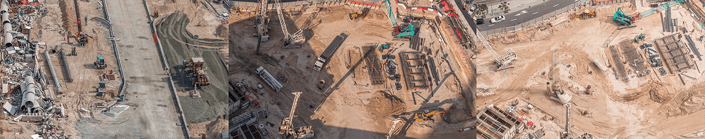 Three side by side overhead images of construction sites in Dubai.