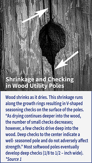 A woodpecker hole in a utility pole showing cracks going up and down from the center of the hole. Below the image, the text says, "Shrinkage and checking in Wood Utility Poles: Wood shrinks as it dries. This shrinkage runs along the growth rings resulting in V-shaped seasoning checks on the surface of the poles. “As drying continues deeper into the wood, the number of small checks decreases; however, a few checks drive deep into the wood. Deep checks to the center indicate a well- seasoned pole and do not adversely affect strength.” Most softwood poles eventually develop deep checks (1/8 to 1/2 – inch wide). Source 1