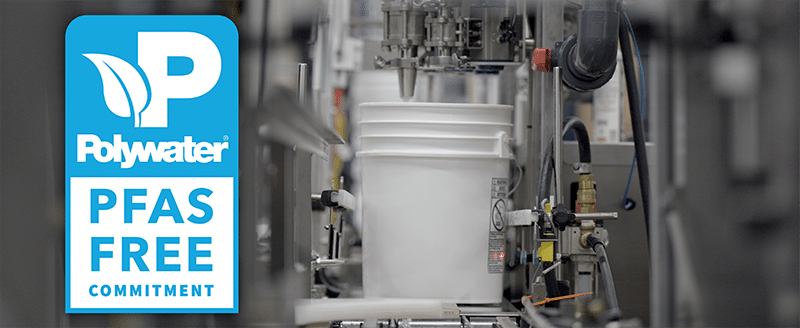 A white pail comes through filling line. on the left of the image is an illustration that says, "Polywater. PFAS FREE"