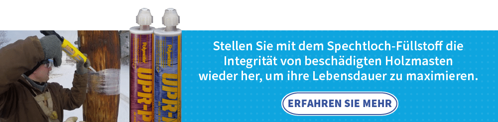 Polywater UPR-Anzeige zeigt einen Mann, der UPR in ein Loch in einem Holzmast einbringt. Zwei Polywater UPR-Kartuschen befinden sich neben diesem Bild. Der Text auf der rechten Seite lautet: "Stellen Sie die Integrität beschädigter Holzmasten wieder her und maximieren Sie ihre Lebensdauer mit Polywater UPR." Ein Button sagt: "MEHR ERFAHREN".
