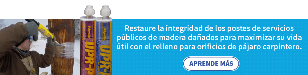 Anuncio de Polywater UPR mostrando a un hombre aplicando UPR en un agujero en un poste de madera de servicios públicos. Dos cartuchos de Polywater UPR están al lado de esa imagen. El texto a la derecha dice: "Restaura la integridad de los postes de madera de servicios públicos dañados y maximiza su vida útil con Polywater UPR." Un botón dice, "MÁS INFORMACIÓN".