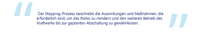 Ein hervorgehobenes Zitat, das besagt: "Der Mapping-Prozess beschreibt die Konsequenzen und notwendigen Maßnahmen, die erforderlich sind, um das Risiko zu mindern und den fortlaufenden Betrieb der Anlage bis zu ihrer geplanten Stilllegung sicherzustellen."