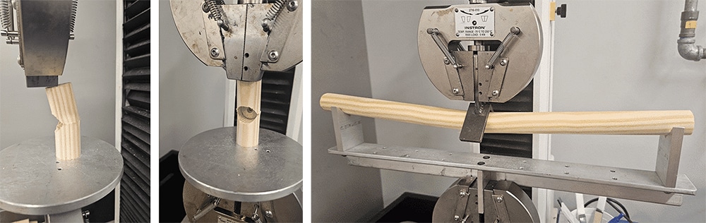 A small section of a wooden dowel with a hole drilled out of it, being compressed on an Instrom machine. 