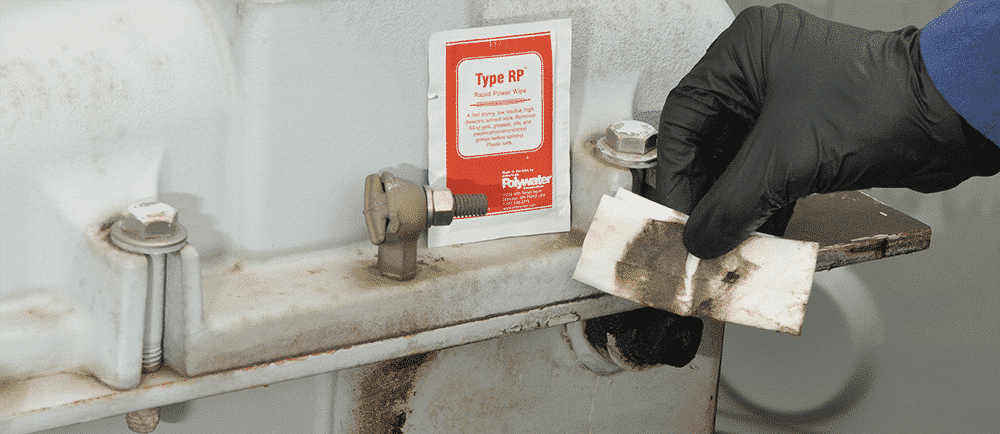 A dirty Polywater RP-1 wipe after cleaning grime off of a transformer.