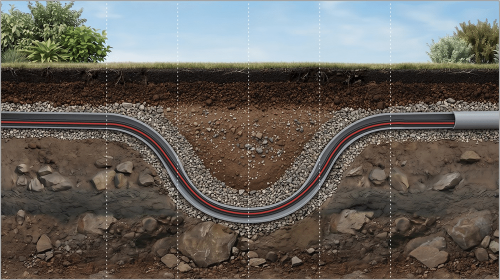 Illustration of an electrical cable in a conduit underground.